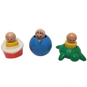 Vintage Fisher Price 1974 Jumbo Little People With Turtle Tea Pot And Boat